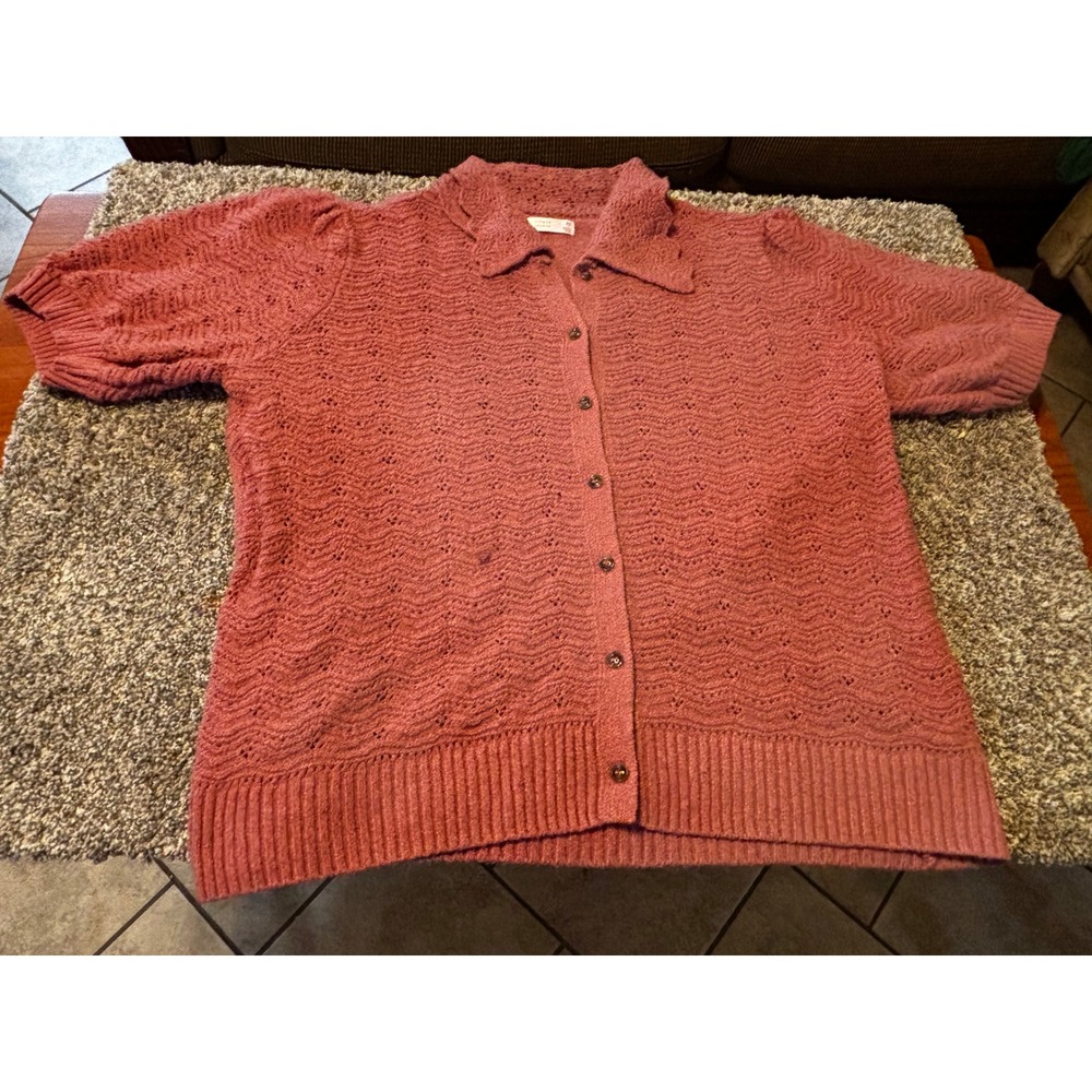 Lauren Conrad Rose Pointelle Knit Short Sleeve Button Front Cardigan Sweater XL